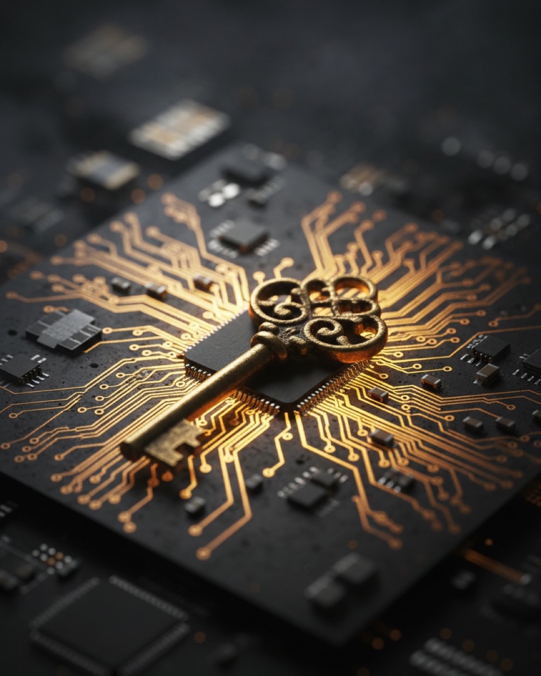 Chave dourada sobre um chip de circuito, simbolizando quem controla o acesso à inteligência artificial