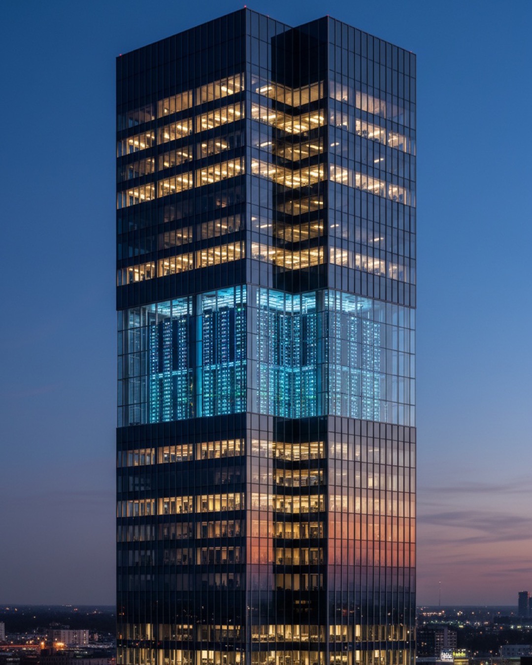 Torre corporativa de vidro ao anoitecer com um andar inteiro de servidores iluminados, simbolizando a IA dentro da empresa